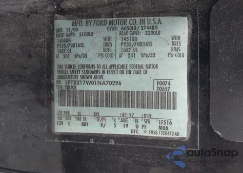 2001 Ford F150 z USA, uszkodzony, nr VIN 1FTRX17W01NA70296